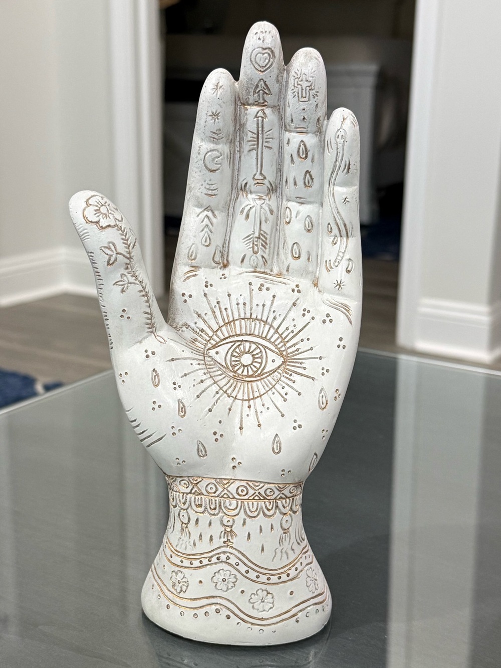 White Ceramic Palm Sculpture with Gold Accent - Home Art Decor